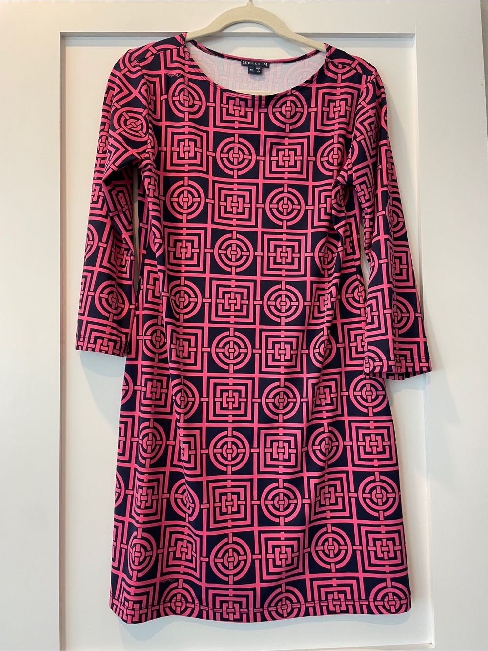 Melly M Pink and Navy Geometric Long Sleeve Shift Dress